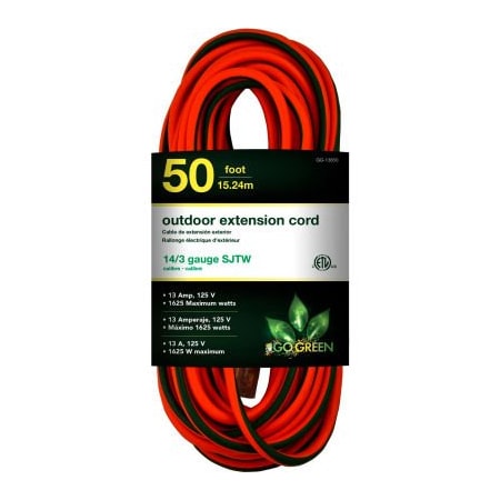Gogreen SJTW Extension Cord, 14 AWG, Outdoor, 14/3, 1 Outlets, Green/Orange, 50 ft GG-13850